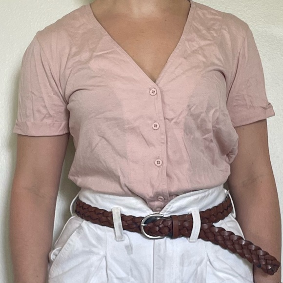 Short Sleeve V-Neck Button Down Top - Picture 1 of 6